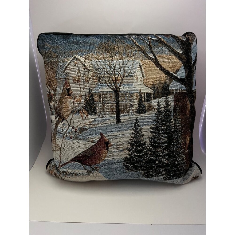 Vintage Tapestry Winter Scene Throw Pillow Cardinals Snow Pine Trees 15"x15"
